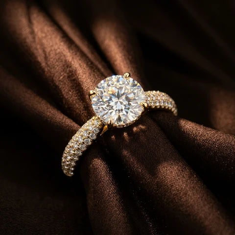 Round brilliant diamond solitaire ring with diamond-pavé shoulders resting on rich dark chocolate-brown silk.