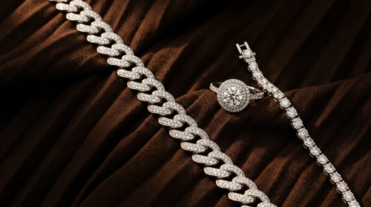 Diamond pavé curb link necklace, double halo cocktail ring and diamond bracelet arranged on chocolate-brown silk.