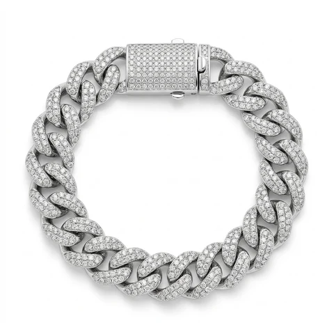 A complete white-gold diamond tennis bracelet on white.